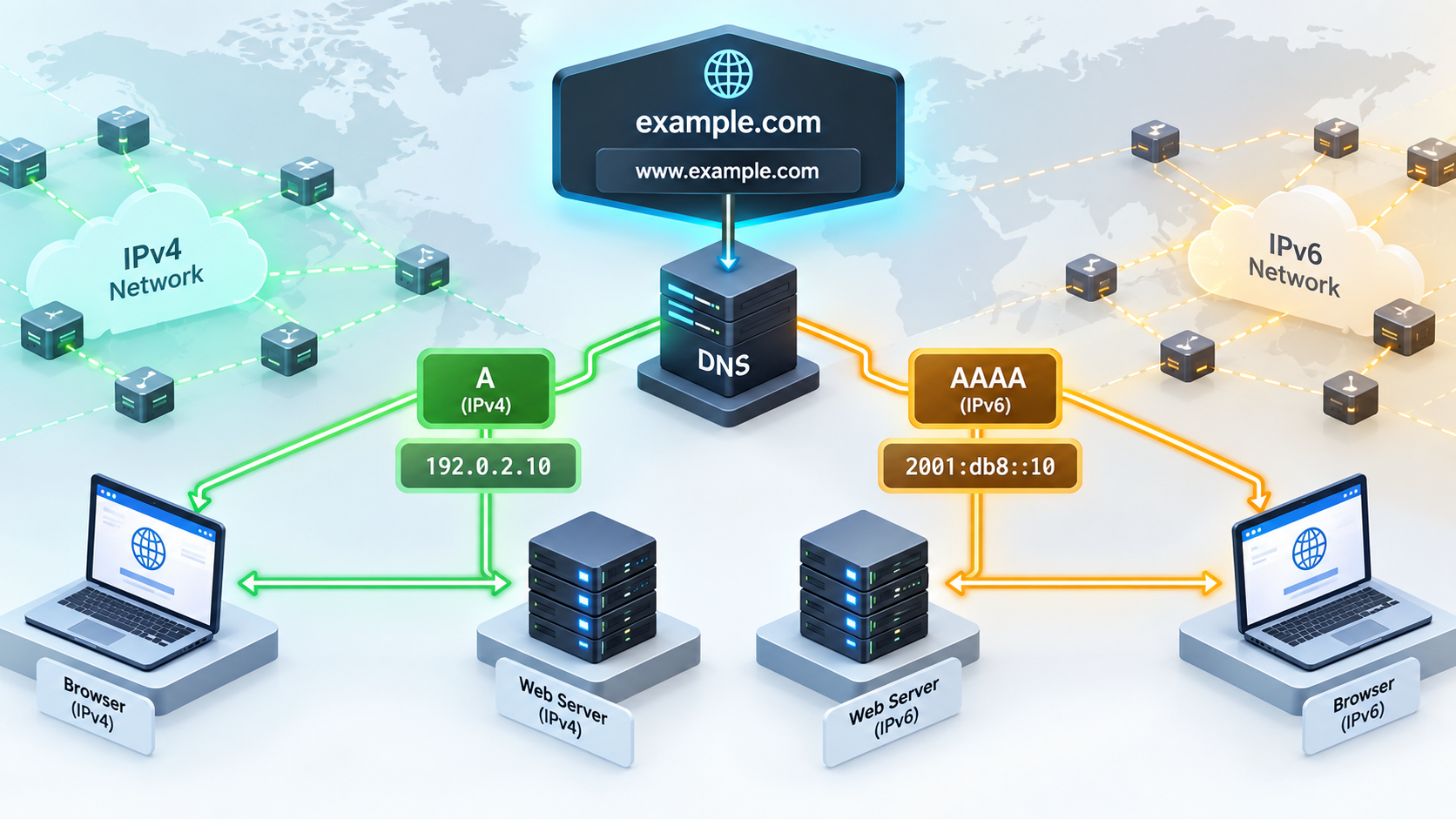 二级域名 A 记录与 AAAA 记录组成 IPv4 IPv6 双栈解析示意图